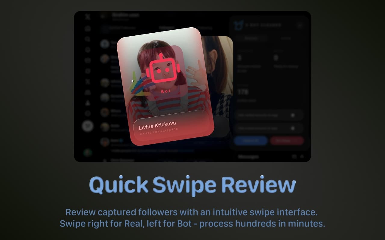 Swipe-Based Review Interface showing intuitive swipe gestures for classifying followers